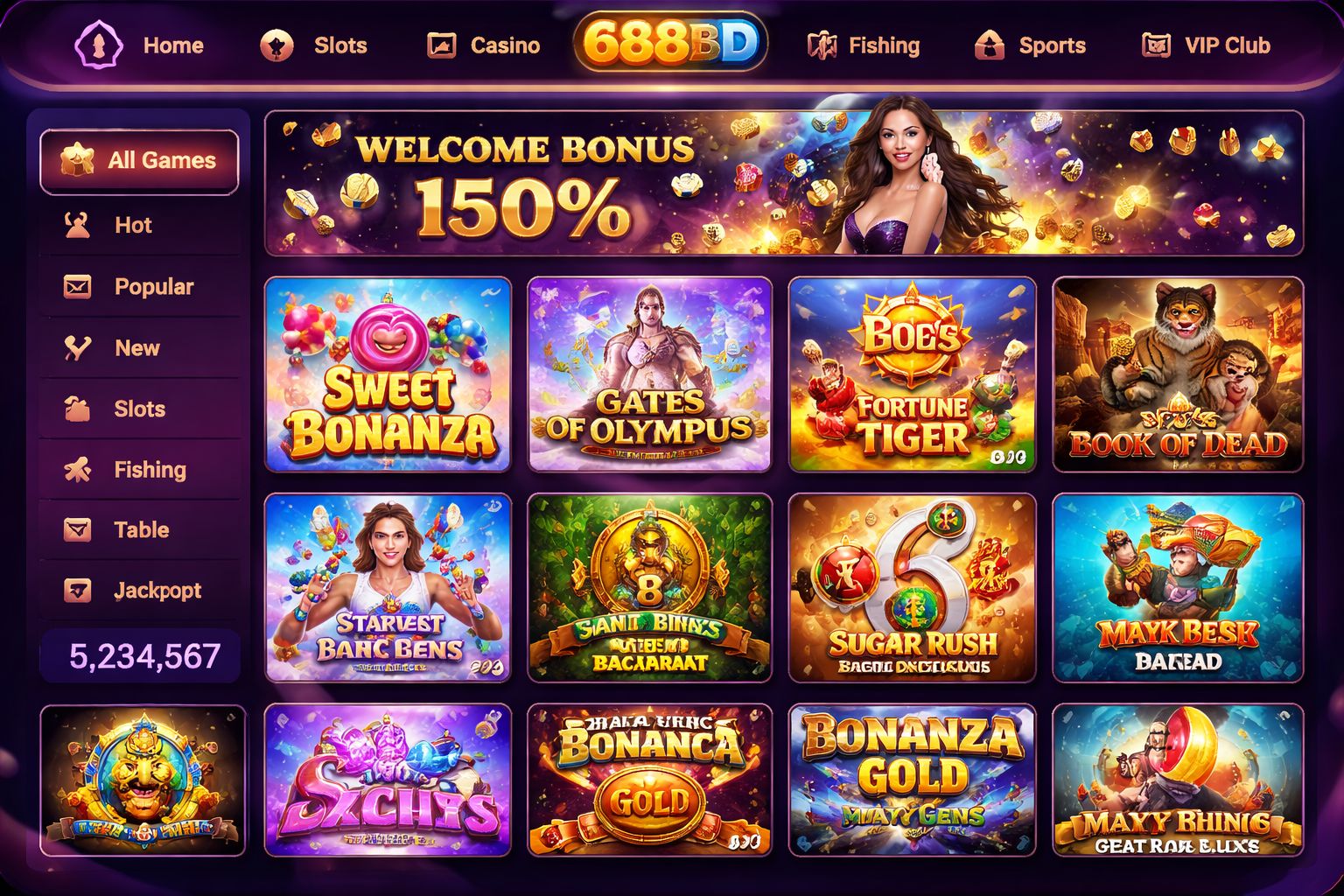 688BD COM slot game selection screen with popular titles